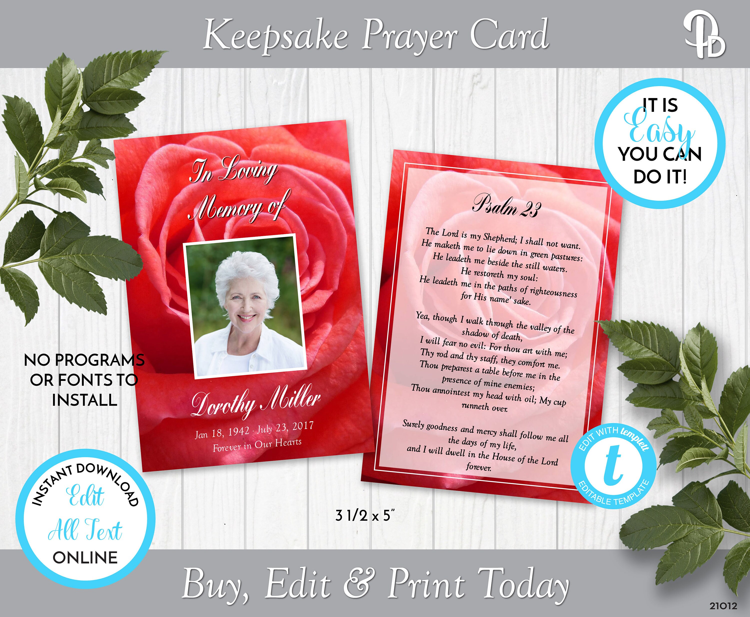 Coral Red Rose Funeral Keepsake Prayer Card Memorial Favor Etsy