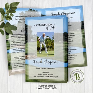 May include: A blue and white funeral program with a photo of a man in a golf outfit. The program includes the name Joseph Chapman, dates of birth and death, and information about the funeral service. The text "A Celebration of Life" is printed in a decorative font.