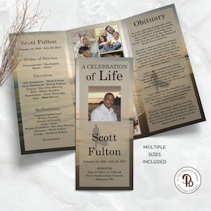 Programme de funérailles à trois volets Surfer at Sunset, modèle de nécrologie, programme de célébration de la vie, service commémoratif, modifiable dans Templett QFP3 21253