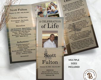 Surfer at Sunset Trifold Funeral Program, Obituary Template, Celebration of Life Program, Memorial Service, Editable in Templett QFP3 21253