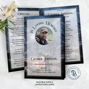 Puede incluir: Una tarjeta conmemorativa azul y blanca con una foto de un hombre con atuendo de caza. La tarjeta incluye el nombre George Johnson, las fechas de nacimiento y fallecimiento, y la información sobre los servicios. El texto "In Loving Memory" está impreso en una fuente decorativa.