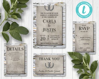Rustic Horseshoe over Birch Wedding Invitation Suite, Country Wood Wedding Invite, Printable Wedding Template, Edit in Templett, ZWA 17280