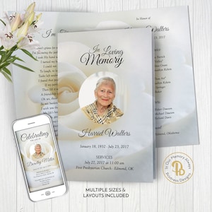 White Rose Funeral Program Template, Obituary/Order of Service Template, Printable Memorial Service Template, Edit in Templett, ZFP 21056