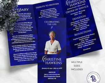 Blue Roses Trifold Funeral Program, Obituary Template, Floral Celebration of Life Program, Memorial Service, Edit in Templett QFP3 21281