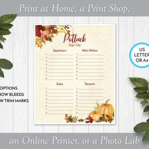 May include: Printable potluck sign-up sheet with a fall theme. The sheet has sections for appetizers, main dishes, sides, and desserts. It features a watercolor illustration of autumn leaves and pumpkins.