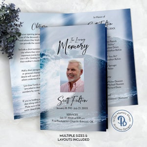 Programme des funérailles d&#39;un surfeur, modèle de nécrologie, programme de célébration de la vie Ocean Wave, service commémoratif, templett modifiable QFP 21224