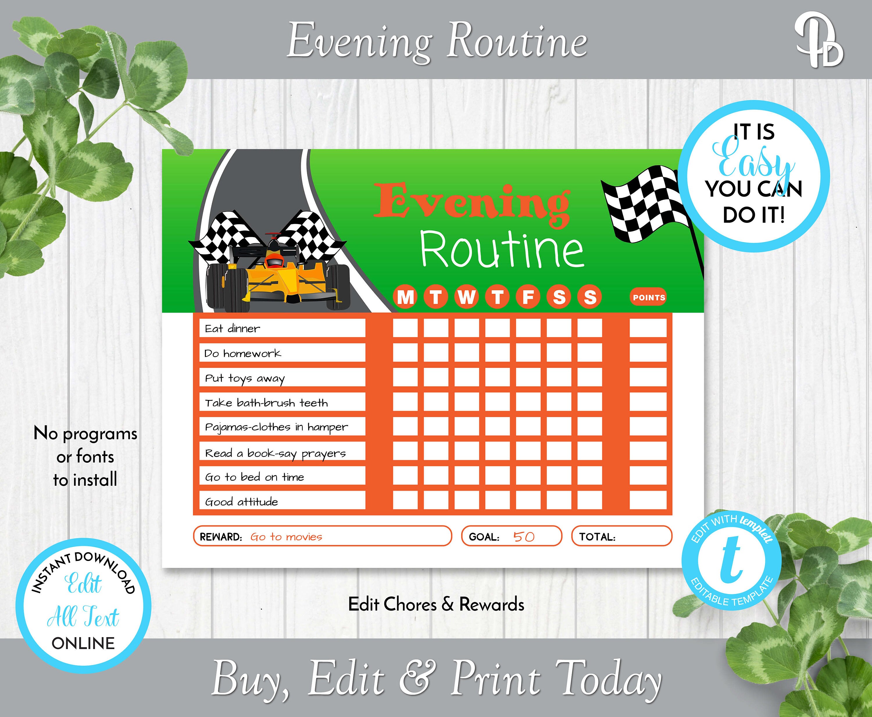 School Routine Race Race Car Children's Daily Routine Charts, Morning Routine Chart ...