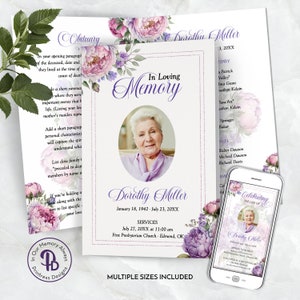 Plantilla de programa funerario de peonías rosas y moradas, plantilla de obituario/orden de servicio, servicio conmemorativo imprimible, edición en Templett QFP 21563