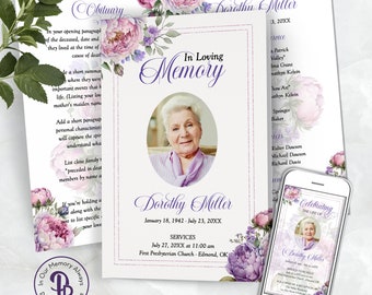 Pink and Purple Peonies Funeral Program Template, Obituary/Order of Service Template, Printable Memorial Service, Edit in Templett QFP 21563