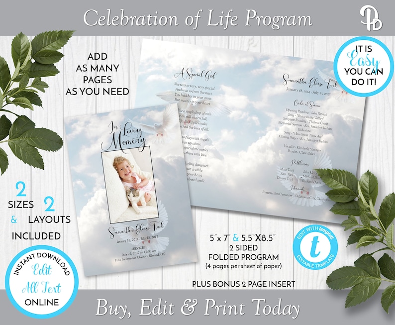 Doves in the Clouds Funeral Program Template Obituary/order Etsy