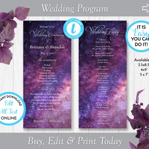 Celestial Night Wedding Program, 2 Sided Wedding Program, 3 Sizes Included, Edit in Templett, ZWPG 17289