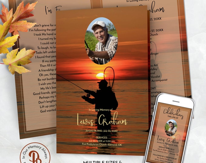 Gone Fishing Funeral Program Template for Man, Anglers Memorial Service