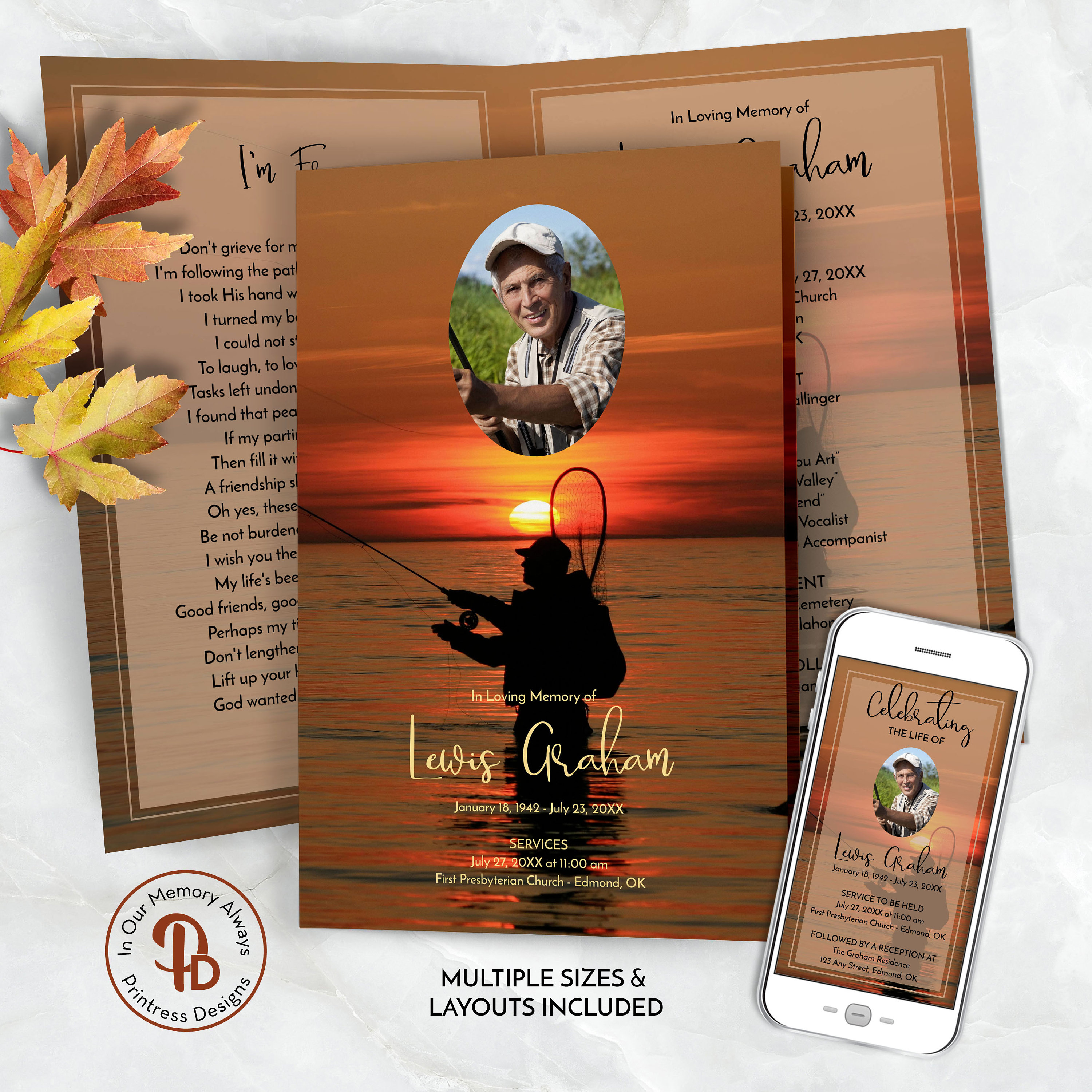 Fish Funeral Program Design Sunset Fishing Funeral Program for Fisherman, Obituary Template ...