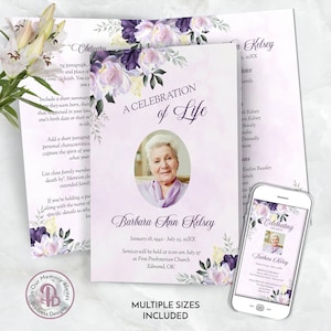 May include: A purple and white floral funeral program template with a photo placeholder and the text "A Celebration of Life" and "Barbara Ann Kelsey". The program includes the dates January 18, 1942 - July 23, 20XX and the text "Services will be held at 11:00 am July 27 at First Presbyterian Church Edmond, OK".