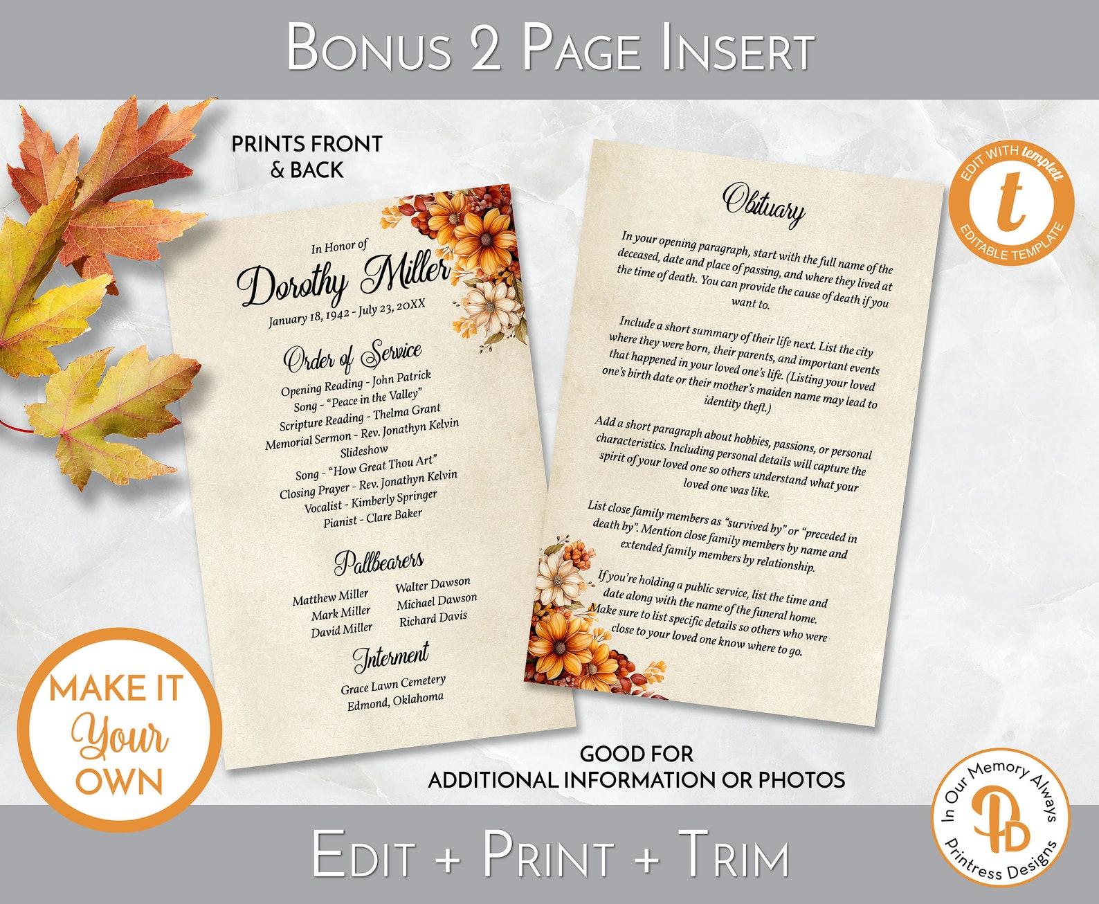 Fall Progrm Template Fall Floral Funeral Program Template, Obituary Template, Printable ...