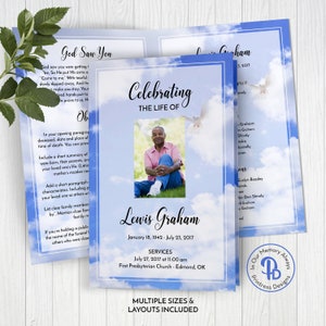 Blue Clouds Funeral Program Template, Obituary/Order of Service Template, Printable MemorialTemplate, Edit in Templett, ZFP 21124