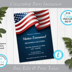 American Flag Citizenship Party Invitation, Citizenship Invite, Naturalization Celebration, Edit in Templett, ZSS 19003 P103