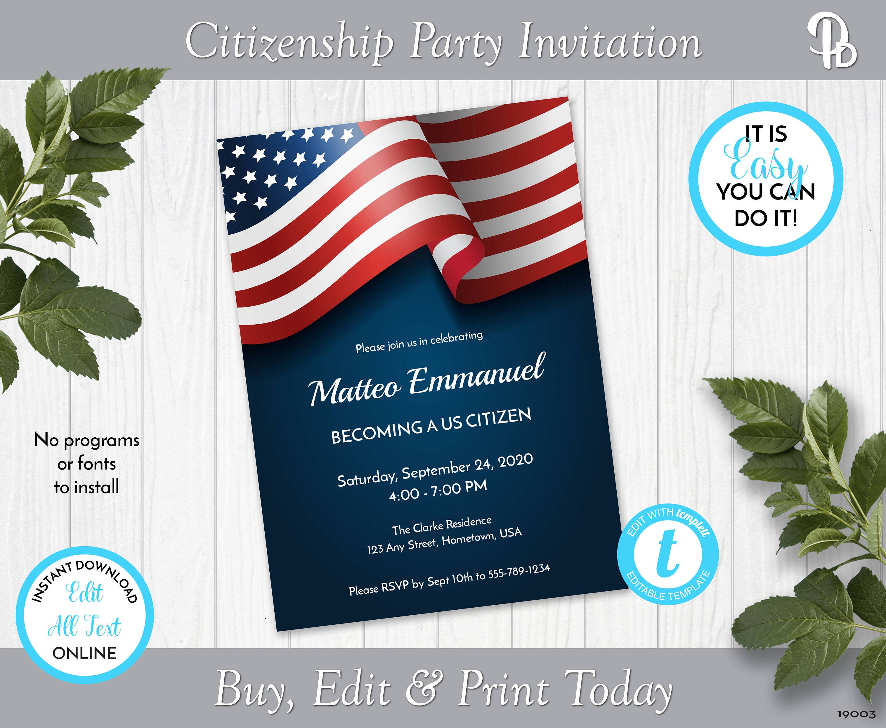 American Flag Citizenship Party Invitation, Citizenship Invite, Naturalization Celebration, Edit in Templett, ZSS 19003 P103