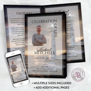 Modèle de programme de funérailles de phare, brochure Ocean Celebration of Life, brochure service commémoratif, notice nécrologique, QFP 21291