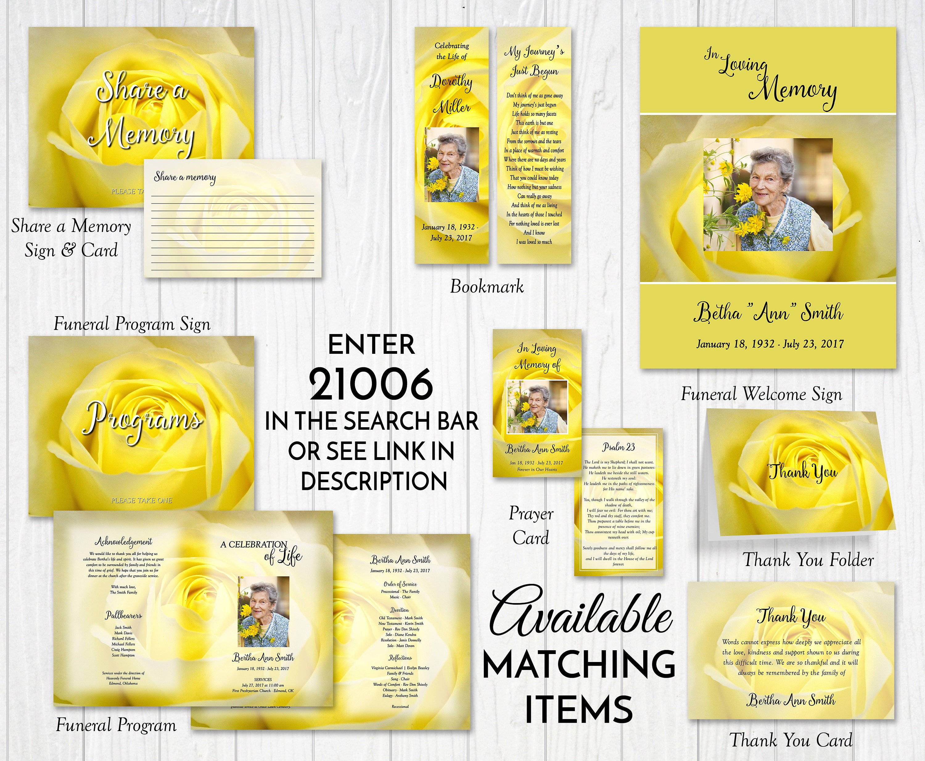 Yellow Rose Funeral Keepsake Prayer Card Memorial Favor Etsy