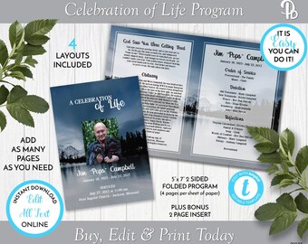 Mountains behind the Lake Funeral Program, Obituary/Order of Service Template, Printable Memorial Service, Edit in Templett, ZFP 21035