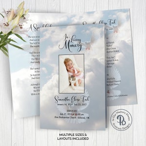 May include: A memorial card featuring a photograph of a young girl holding a cat. The card has a blue and white cloudy background with white doves in flight. The text reads "In Loving Memory" and "Samantha Gleise Tack" with dates of birth and death. The card also includes details of the services.