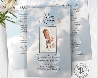 May include: A memorial card with a photo of a young girl holding a cat. The card has a blue and white cloudy background with white doves flying. The text reads "In Loving Memory" and "Samantha Gleise Tack" with dates of birth and death. The card also includes information about services.