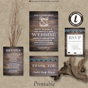 Rustic Wood Wedding Invitation Suite, Typography Wedding Invite, Printable Wedding Invitation Template, Edit in Templett, ZWA 17117 W101
