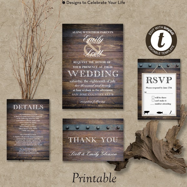 Rustic Wood Wedding Invitation Suite, Typography Wedding Invite, Printable Wedding Invitation Template, Edit in Templett, ZWA 17117 W101