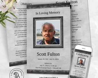 Classic Elegant Gray Funeral Program Template, Obituary,, Celebration of Life Program, Memorial Service, Editable Templett QFP 21232