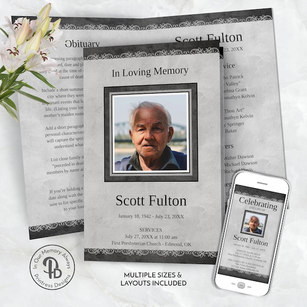 Classic Elegant Gray Funeral Program Template, Obituary,, Celebration of Life Program, Memorial Service, Editable Templett QFP 21232