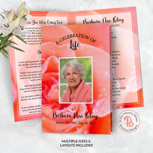 Dew Kissed Coral Rose Funeral Program, Obituary Template, Celebration of Life Program, Memorial Service, Editable Templett QFP 21162