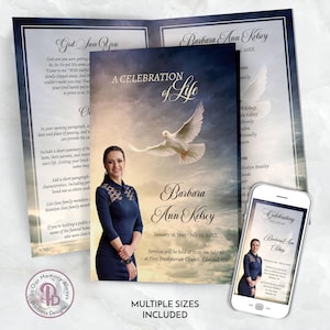 May include: A blue and white funeral programme template with a dove flying in a cloudy sky. The programme includes a photo of a woman, the text "A Celebration of Life", and the name "Barbara Ann Kelsey".