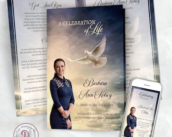 Sunburst Dove Funeral Program, Obituary Template, Celebration of Life Program, Printable Memorial Service, Editable, Templett QFP 21191