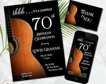 May include: A black and white invitation with a guitar graphic for a 70th birthday celebration. The invitation says "shhh... it's a surprise 70th Birthday Celebration honoring Lewis Graham" with the date and time of the event. The invitation also includes a thank you card with the same guitar graphic and the text "Thank You".