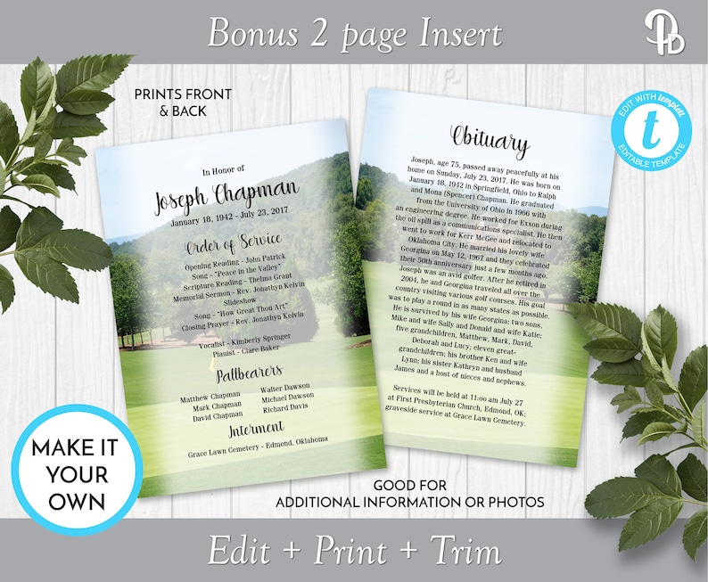 Golfer's Obituary/order of Service Template Funeral Etsy