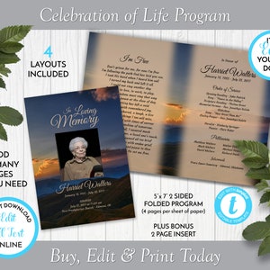 Modèle de programme de funérailles du lever du soleil sur les collines, modèle de notice nécrologique/ordre de service, service commémoratif imprimable, montage à Templett, ZFP 21064