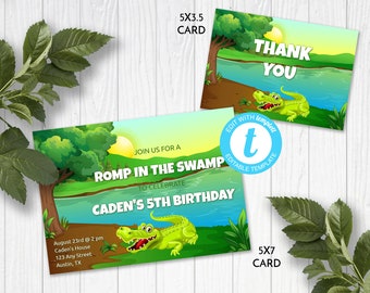 Romp in the Swamp Birthday Party Invitation Template, Alligator Birthday Invite, Edit in Templett, ZBD 13023