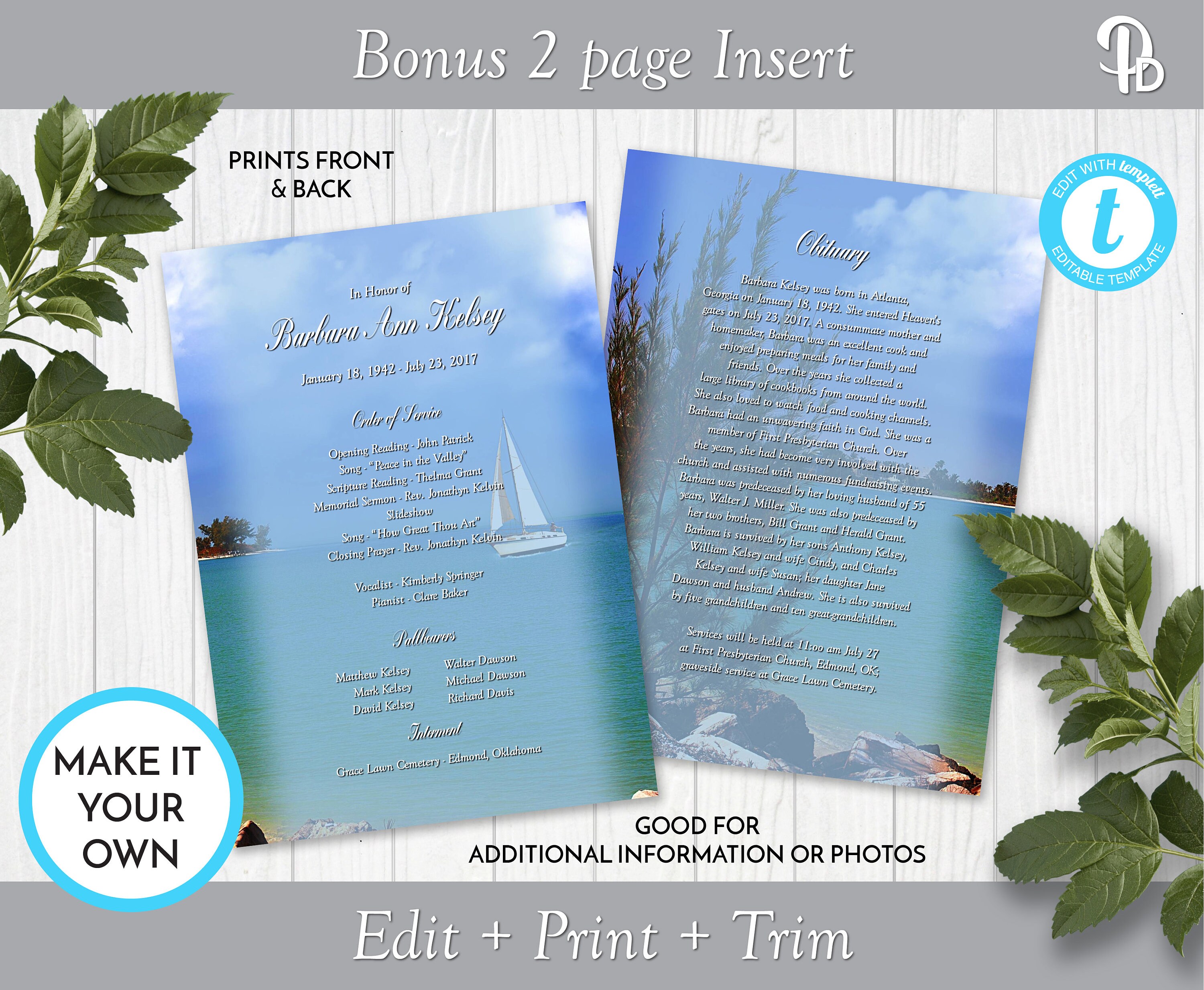 Sailing on the Sea Funeral Program Template Obituary/Order of Etsy