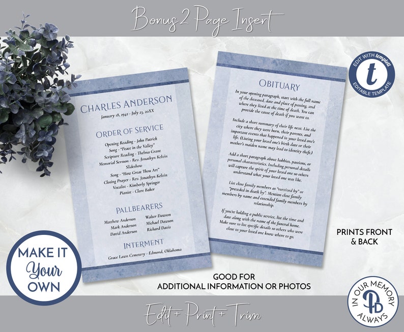 Classic Blue Funeral Program Template Obituaryorder of Etsy