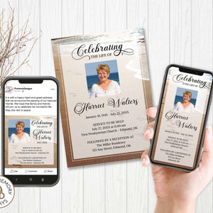 Puede incluir: Una tarjeta de memoria digital con un fondo de playa. La tarjeta presenta una foto de una mujer y el texto "Celebrating the life of Harriet Walters". La tarjeta también incluye las fechas 18 de enero de 1942 - 23 de julio de 20XX, los detalles del servicio y la ubicación de la recepción.
