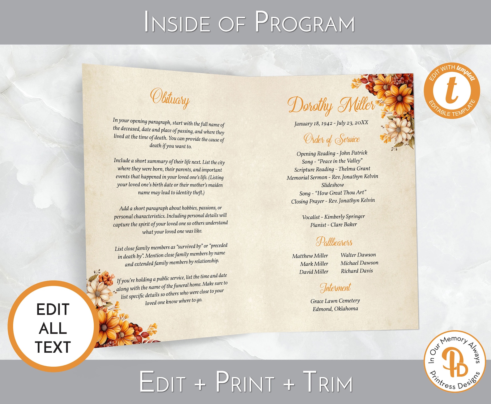 Fall Progrm Template Fall Floral Funeral Program Template, Obituary Template, Printable ...
