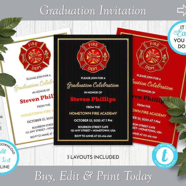 Firefighter Graduation Invitation Template, Graduation Announcement, Edit in Templett, ZGR 15026