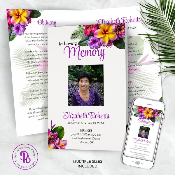 Hawaiian Funeral Program Template, Obituary Template, Tropical Floral Memorial Service Program, Celebration of Life Program, QFP 21261