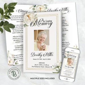 Puede incluir: Una tarjeta conmemorativa blanca y dorada con un diseño floral y una foto de una mujer. La tarjeta incluye el nombre Dorothy Miller y las fechas 18 de enero de 1942 - 23 de julio de 20XX. El texto "In Loving Memory" está escrito en una fuente decorativa.
