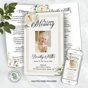 White Peony Funeral Program Template, Obituary/Order of Service Template, Printable Memorial Service, Edit in Templett, QFP 21562