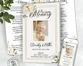 White Peony Funeral Program Template, Obituary/Order of Service Template, Printable Memorial Service, Edit in Templett, QFP 21562
