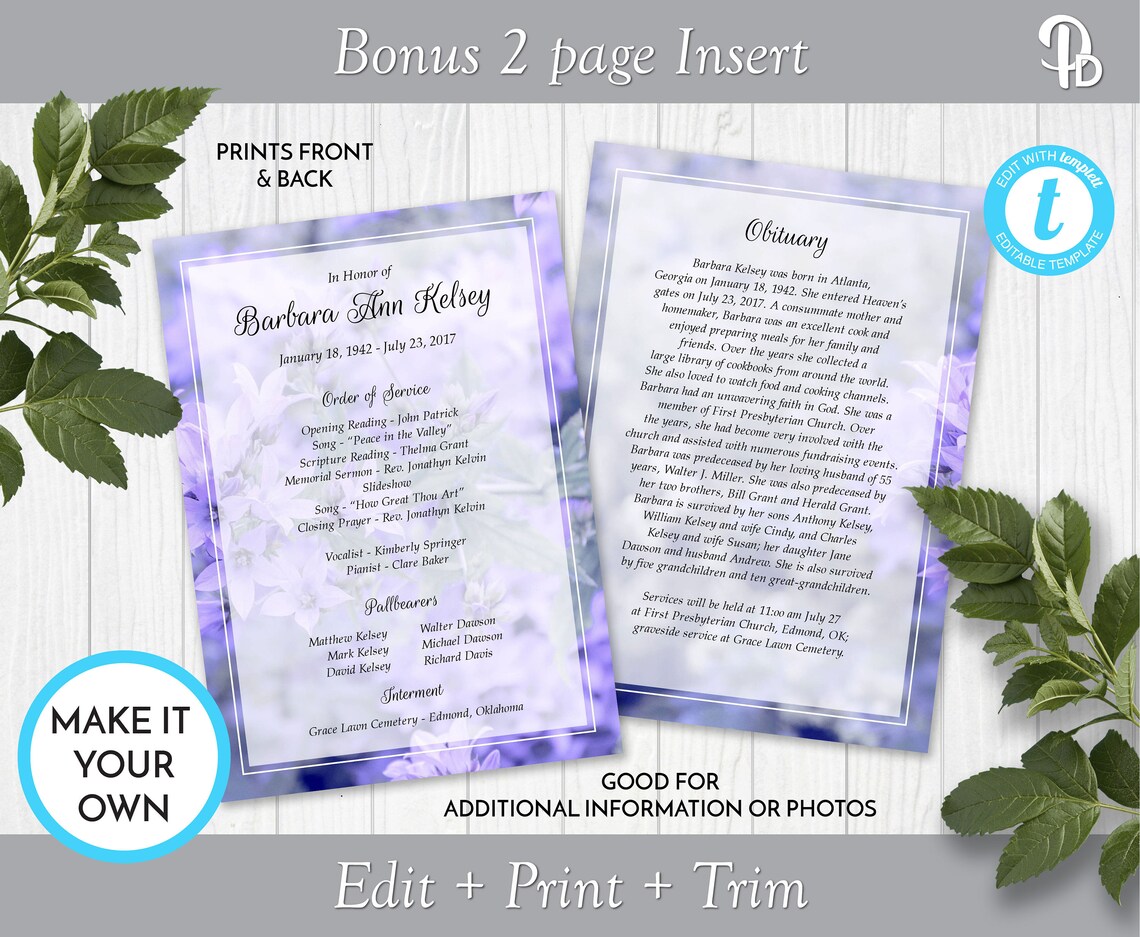 Lavender Flowers Funeral Program Template Obituary/order of Etsy