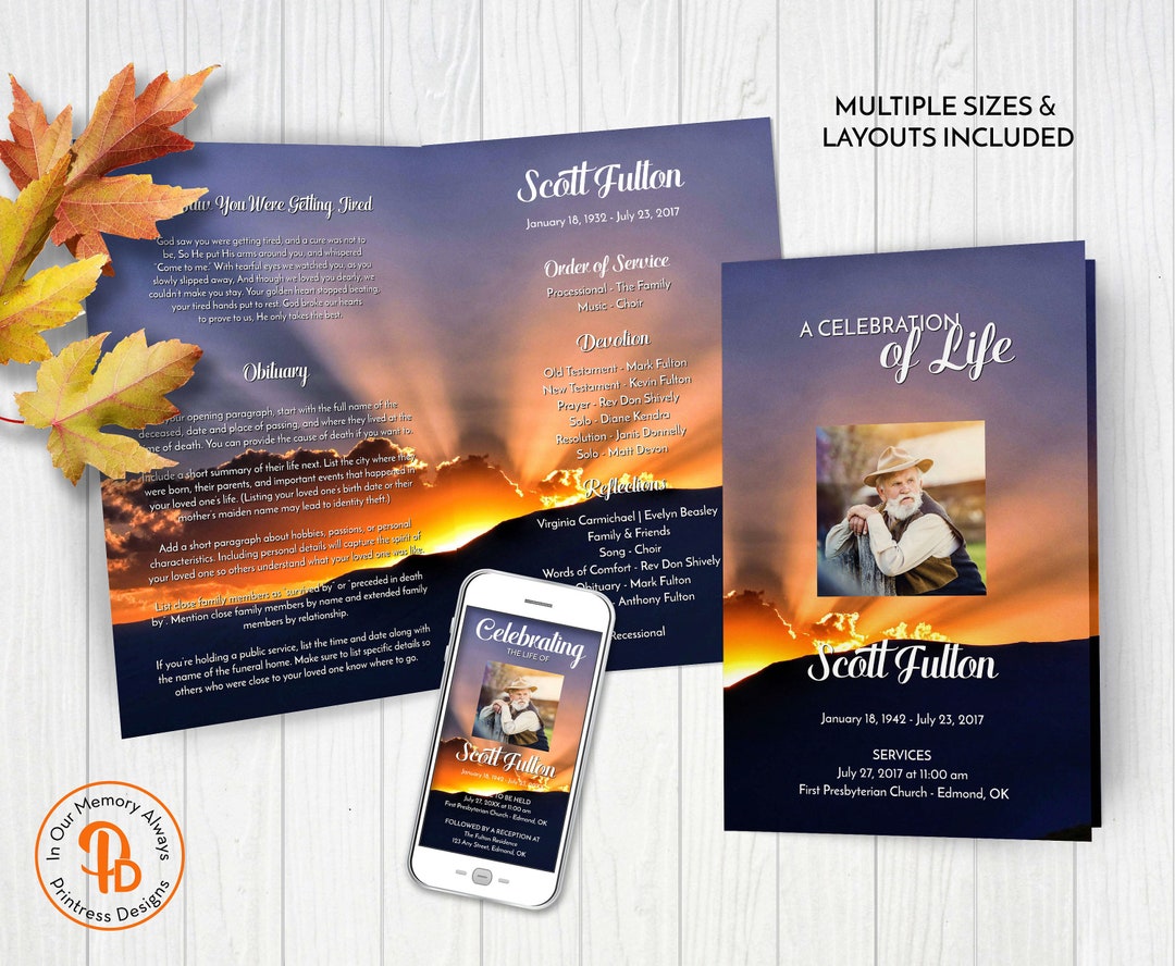 Sunset Sunrays Funeral Program Template Obituary/order of Etsy