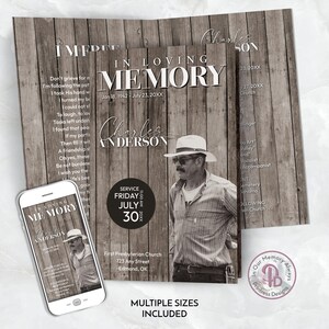 May include: A memorial card design with a sepia-toned photograph of a man in a hat and sunglasses. The card features the text "In Loving Memory" and the name "Charles Anderson". The design includes a wooden background and a smartphone displaying the same design.